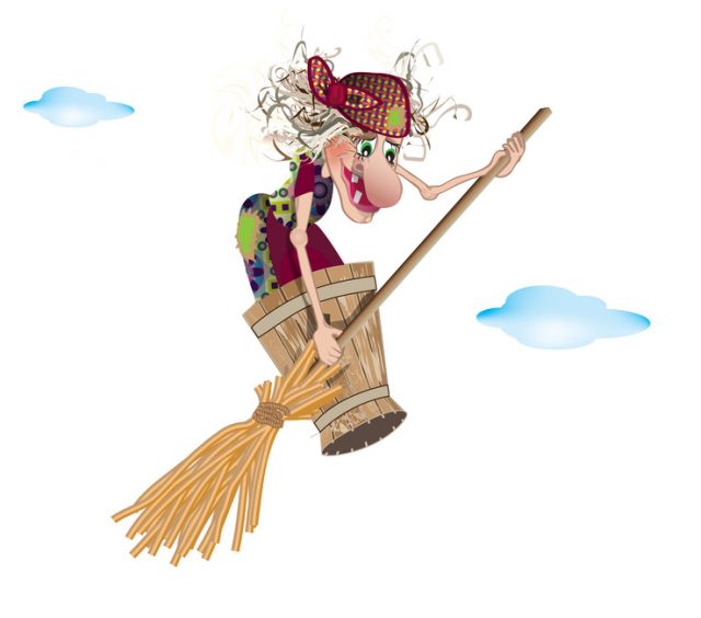 The witch flies in a mortar with a broom