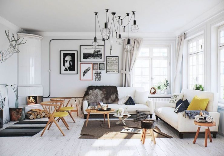 déco-salon-scandinave-cheminée-angle-suspensions-design-faux-trophée