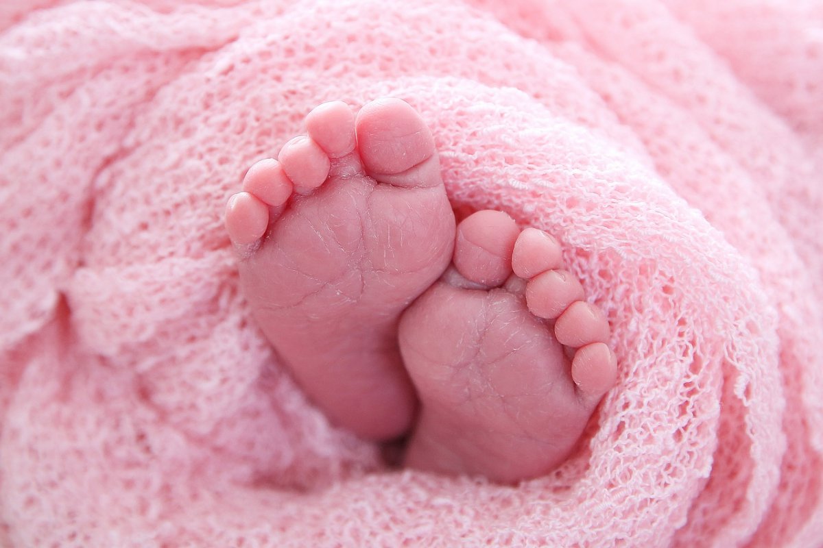 Photo de naissance : pieds de bébé fille dans une petite couverture rose